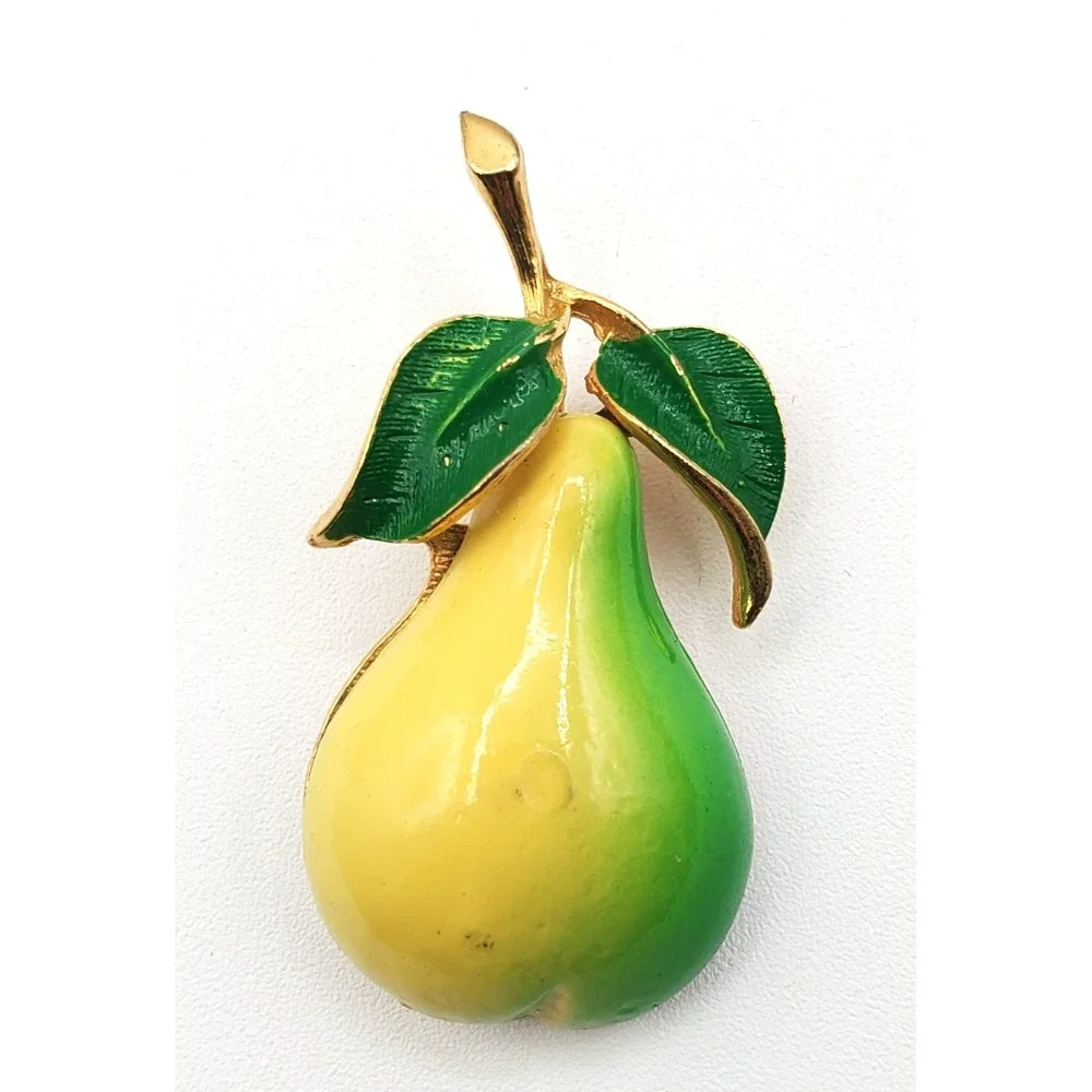 Vintage Gold Tone Enameled Pear Fruit Brooch Pin